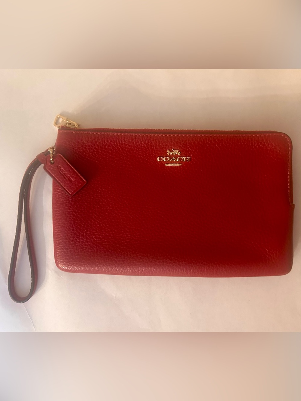 Coach Red Pebbled Leather Double Zip Wristlet with Gold Logo